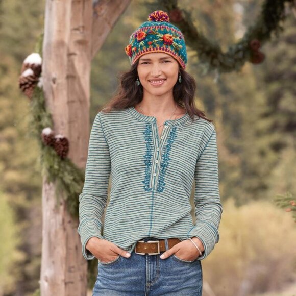 *SUNDANCE Embroidered Space Dyed Waffle Knit Thermal Henley Top Size S - Picture 13 of 13